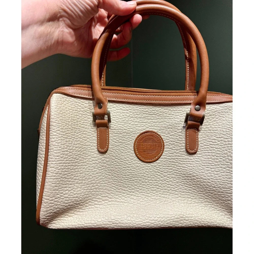 Esprit Cream Pebble Grain Satchel Bag Tan Leather Trim Top Handle - Picture 3 of 10